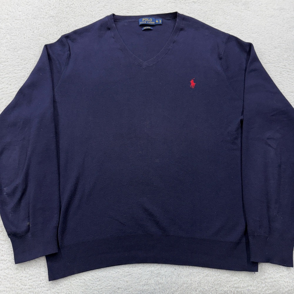 Polo Ralph Lauren Mens XL Navy Blue Pima‎ Cotton V-Neck Sweater Red Pony Logo